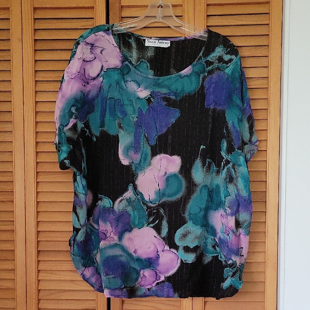 Vintage Sharon anthony Black and Purple Floral Blouse